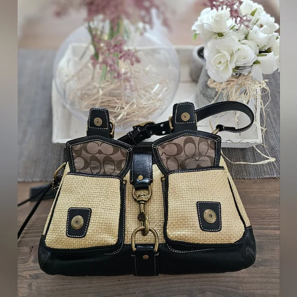 Vintage Coach Legacy Leather Trimmed Manufactured Straw Hobo Shoulder Bag - Picture 3 of 16